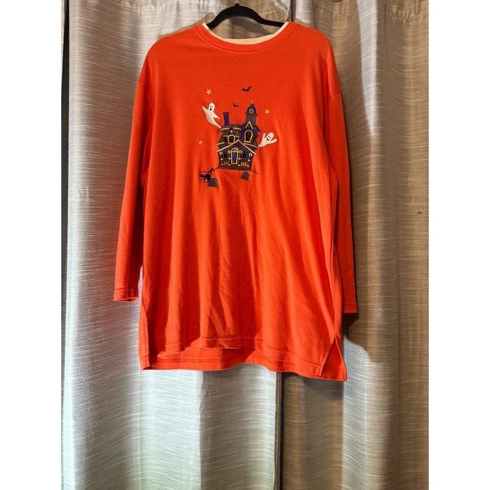 90s VTG Halloween Pullover Crewneck Embroidered Orange Haunted House Sweater